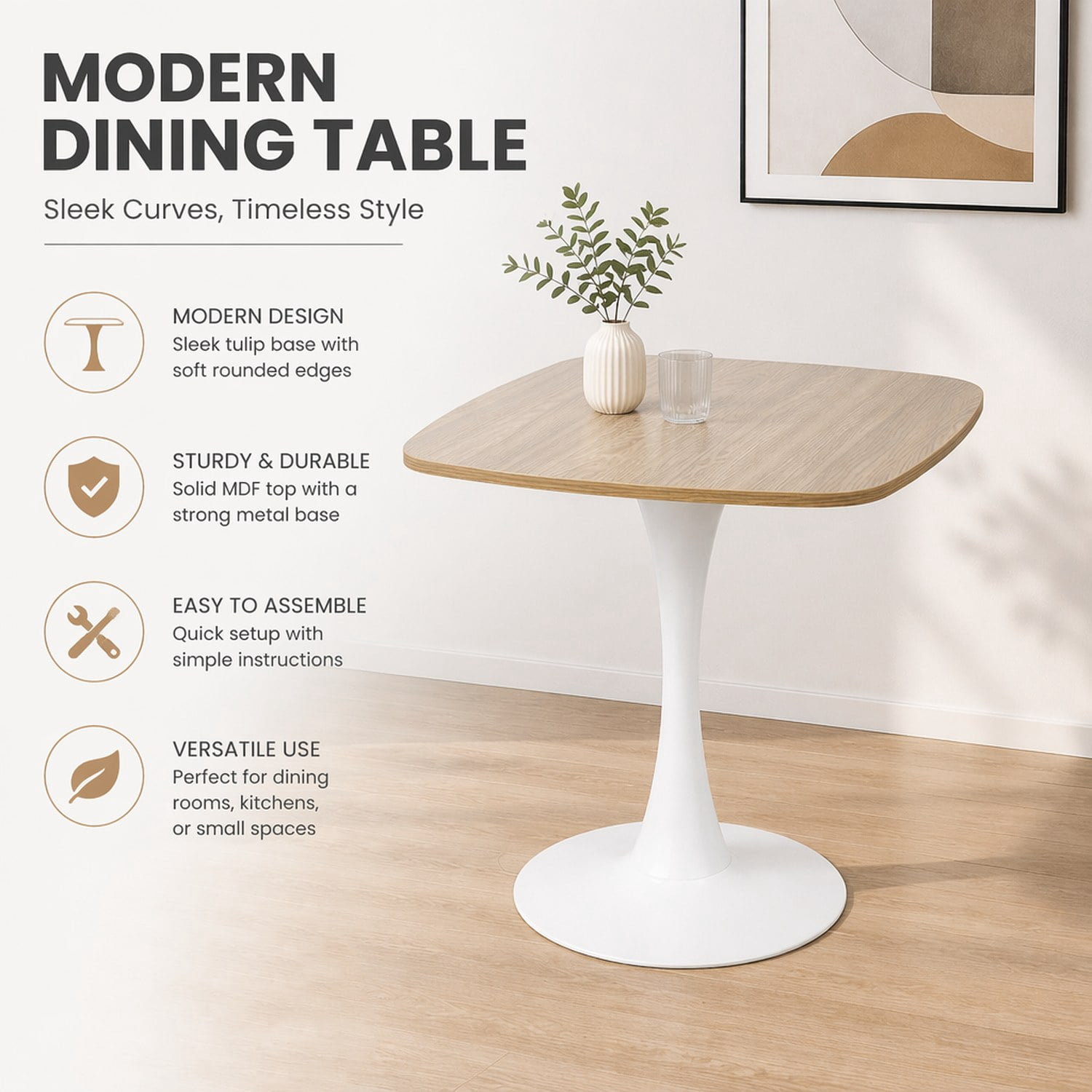 Square Dining Table, 24" Square Tulip Table with MDF Tabletop & Matte White Metal Pedestal Base,Mid Century Modern Bistro Table for Kitchen, Small Places, Living Room, Cafe