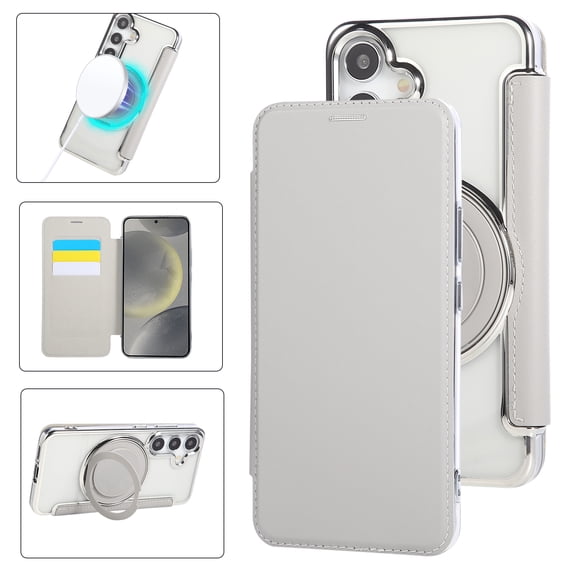Case for Samsung Galaxy S25 Compatible with MagSafe, PU Leather Flip Clear 360 Rotating Magnetic Ring Kickstand Phone Case with Card Holder RFID Blocking Shockproof Protective Cover, White