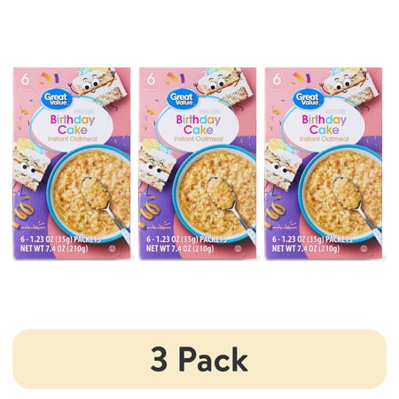 (3 pack) Great Value Birthday Cake Instant Oatmeal, 1.23 oz, 6 Count