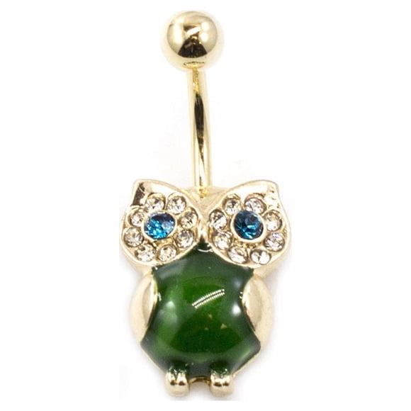 Button Ring with Owl Design Large Precious Stone and CZ Gems 14ga
