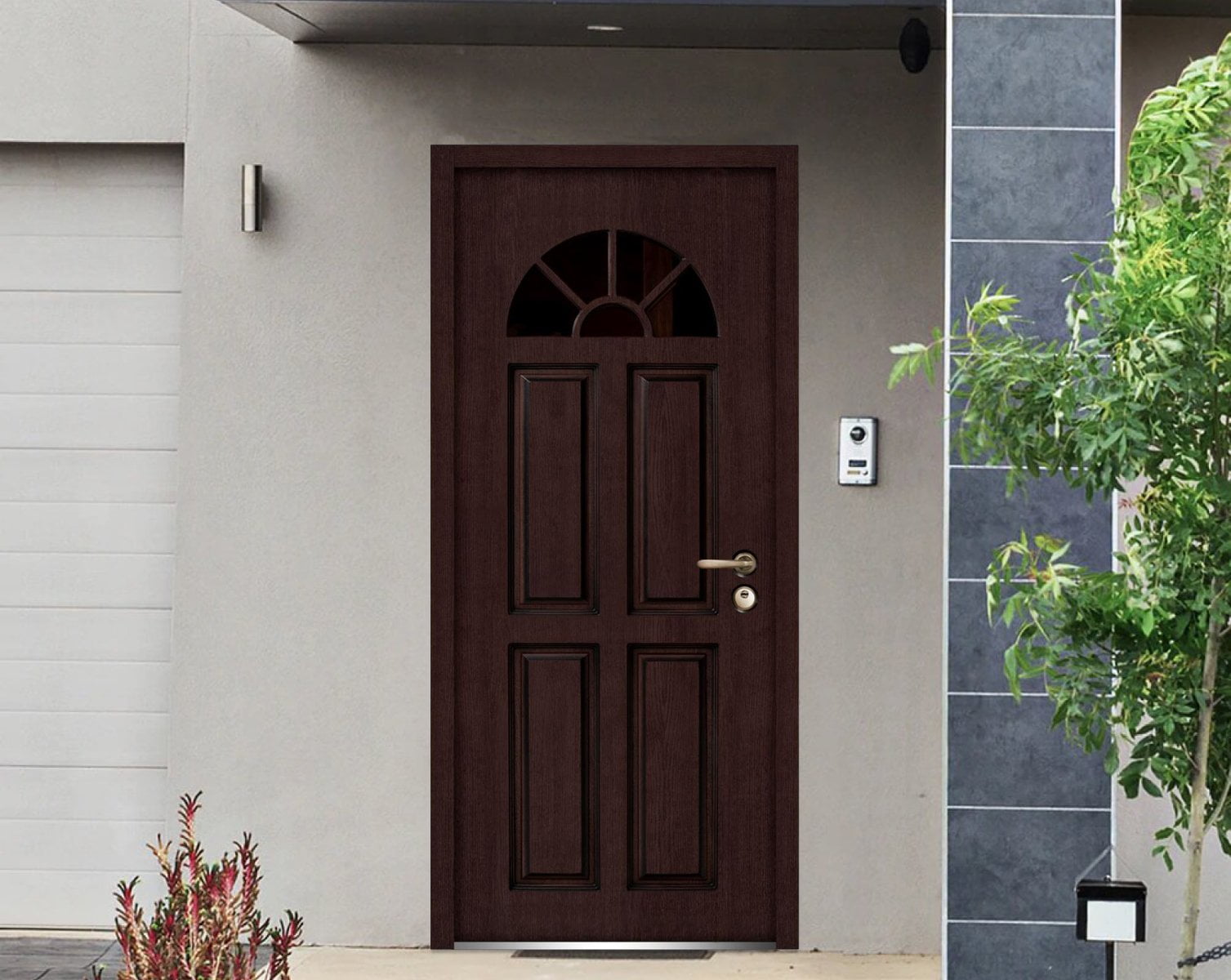 Front Exterior Prehung Glass Steel Door 36 x 80 inches Left-Hand Inswing / Ballucio 1788 Dark Brown Oak / Panel Inserts Single Classic Painted White