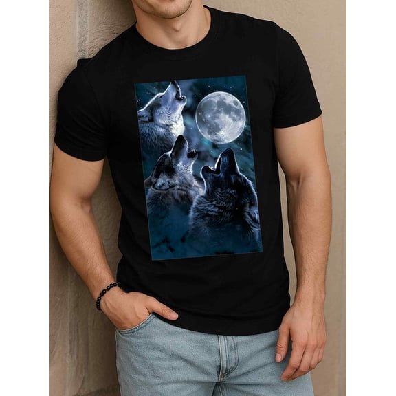 Greenink Wolf Moon Howl T-Shirt Men t shirt black graphic tees gifts printed T-shirts, Streetwear style clothing Retro Unisex Shirt Cotton tshirts