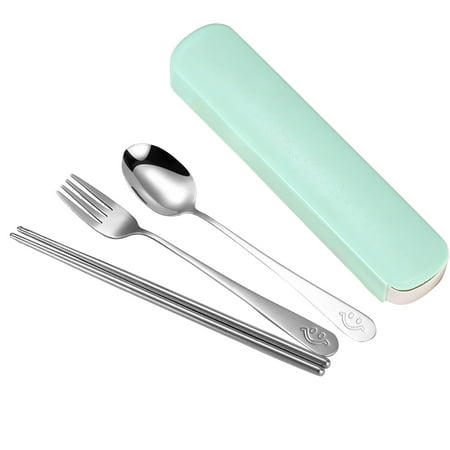 

Portable Chopsticks Spoon Fork Set Stainless Steel Student Office Cutlery with Storage Box Smile Green 3Pcs