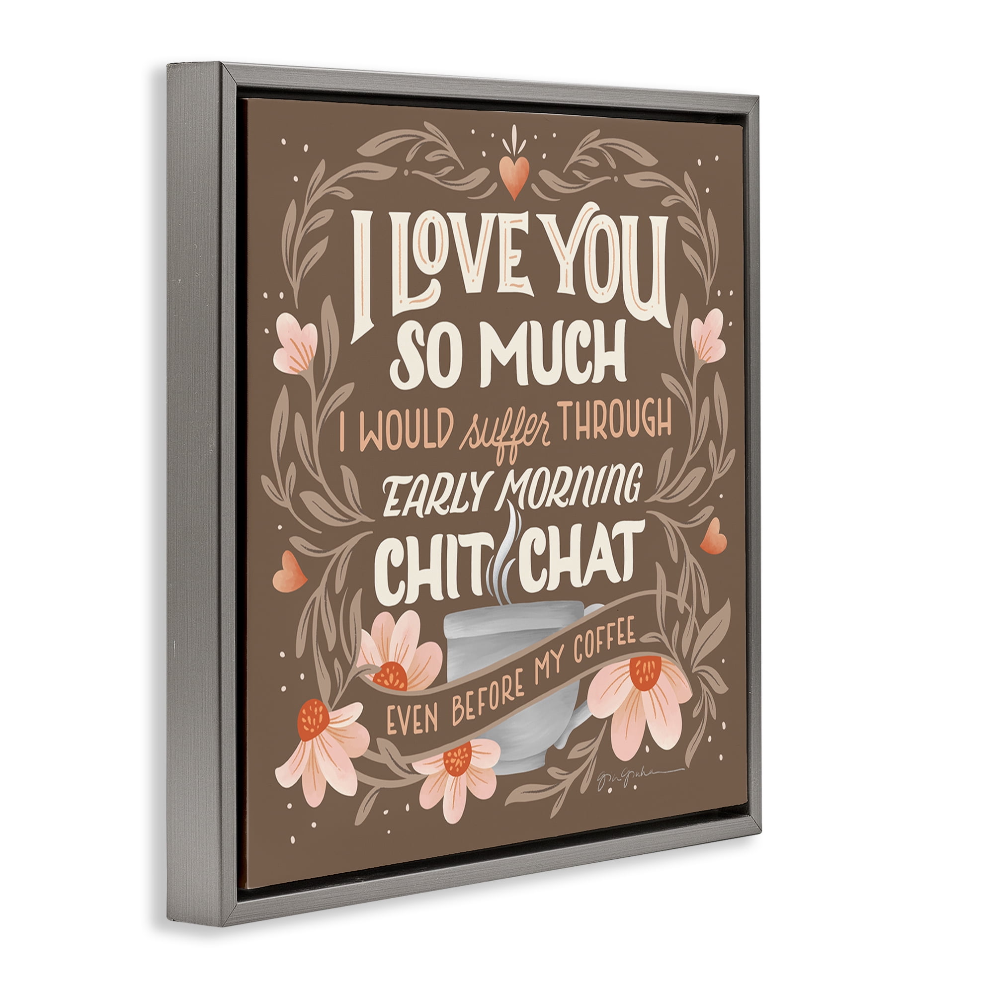 Stupell Industries Chat Before Coffee Humor Food & Beverage Painting Gray Floater Framed Canvas Art Print Wall Art, 18 x 18