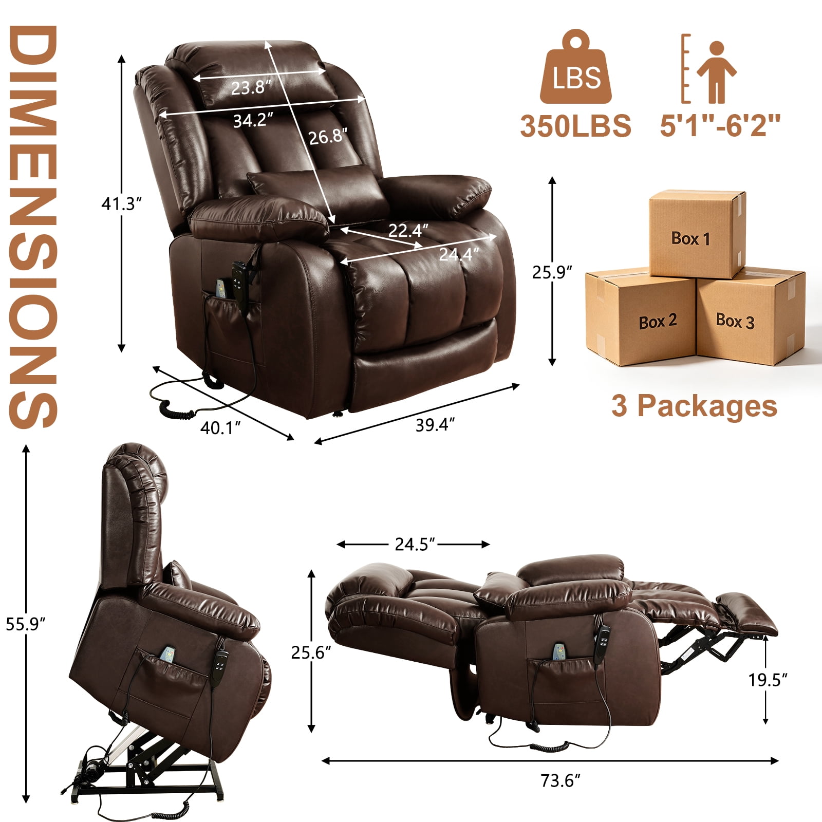 TEKAMON Power Lift Chair Recliner for Elderly with Heat and Massage, Lay Flat Sleeping Recliner Dual Motor Infinite Position Leather Lift Chair for Living Room (Brown)