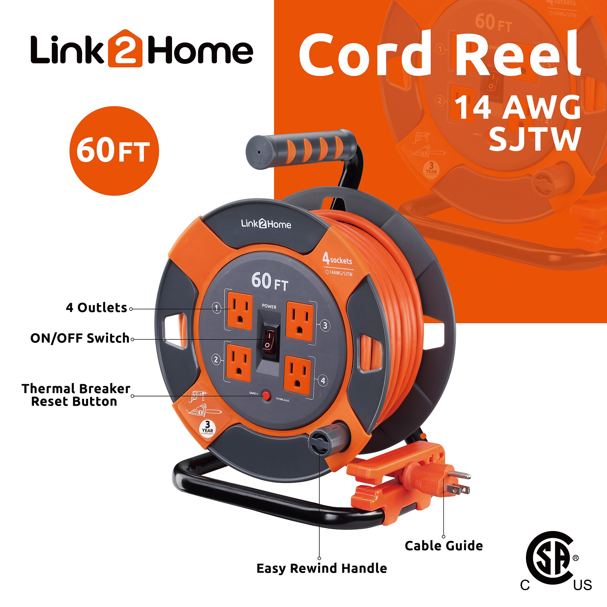 Link2Home Cord Reel 60 ft. Extension Cord 4 Power Outlets – 14 AWG SJTW ...
