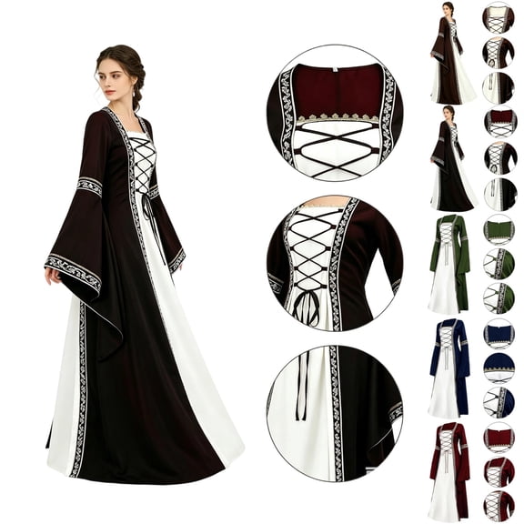 Gothic Victorian Womens Dresses Pirate Peasant Long Dresses Retro Medieval Festival Bell Sleeve Halloween Costumes for Women Black XL