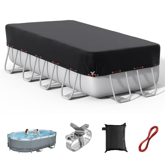 COSYUMI 12X21FT Rectangular Pool Cover, Solar Pool Covers with Winch & Cable for Rectangular Above Ground Pool, 420D Oxford UV Resistant, Waterproof, Snowproof Windproof for All Season
