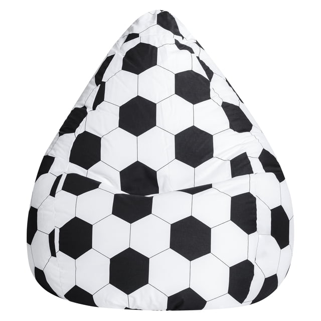 Gouchee Home Fussball cotton bean bag chair featuring Oeko-Tex certified fabric with black and white hexagonal soccer ball design, filled with polystyrene beads for comfortable lounge seating.
