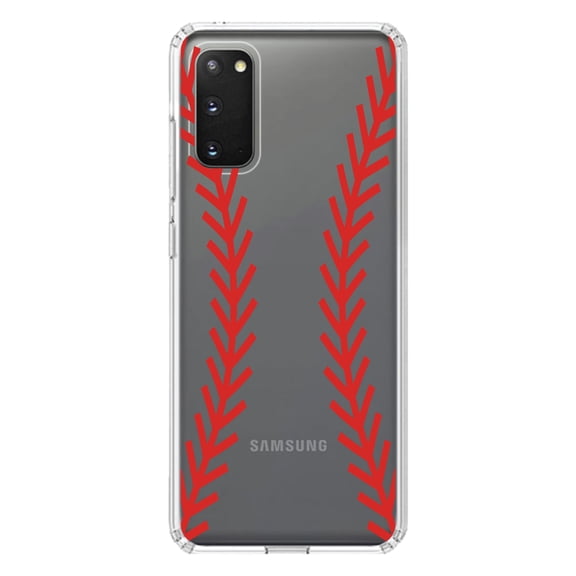 DistinctInk Clear Shockproof Hybrid Case for Galaxy S20 PLUS / 5G (6.7" Screen) - TPU Bumper, Acrylic Back, Tempered Glass Screen Protector - Red Baseball Stitching