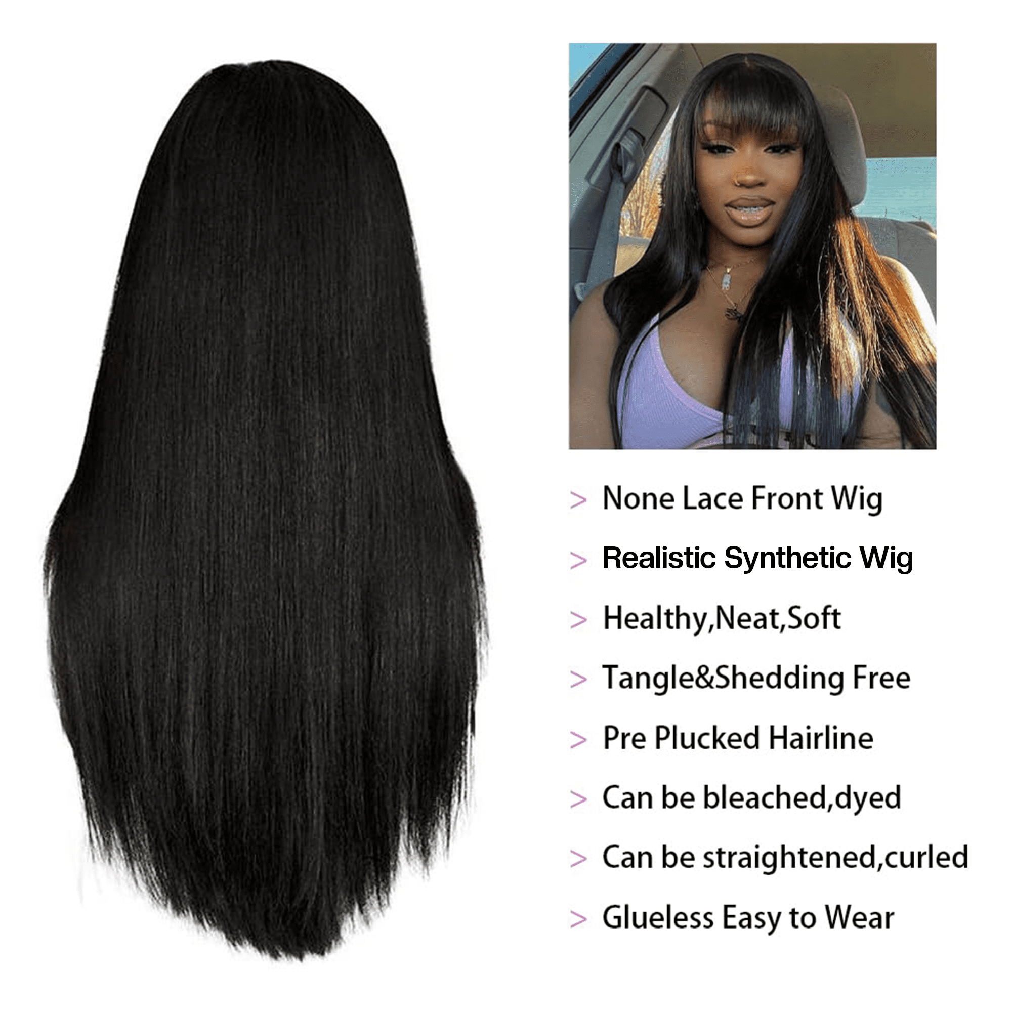 Morovan 22" Long Black Wig Straight Black Wigs with Bangs Human Hair Wigs for Black Women Glueless Wigs for Women Black Long Bob Wigs