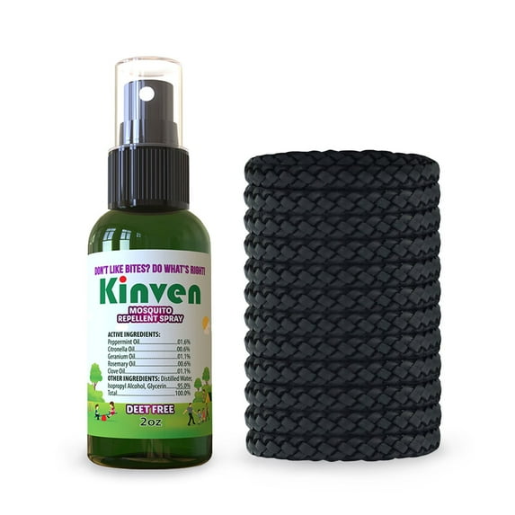 Kinven Anti Mosquito Repellent Bundle - (2oz Spray Bottle + 12 Bracelets, Black)