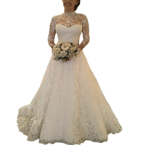 Jumpingount Vestido de novia transparente de manga larga para mujer, vestido de encaje, vestidos de baile de novia, foto personalizada Prendas y trajes de cuerpo completo blanco L Jumpingount FS10644-03