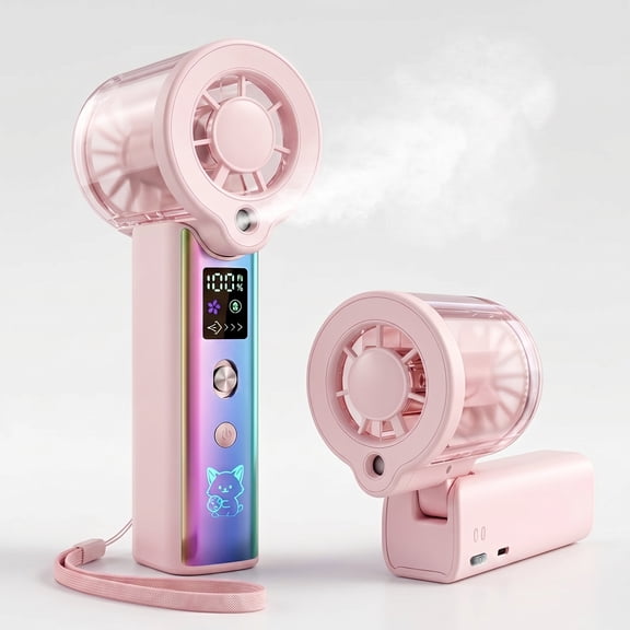Handheld Spray Fan - Portable Mini Fan with LED Digital Display, Flashlight & Rechargeable Battery, Foldable Personal Fan for Travel, Outdoor, Makeup, 2026 Summer Gifts, Pink