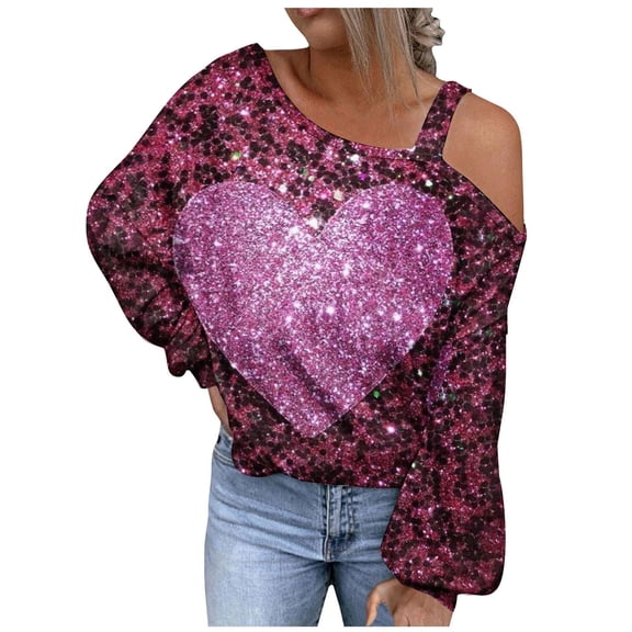 Penkiiy Womens Valentine Day Sweatshirt Off-shoulder Shirt Graphic Long Sleeve Pullover Tops S Purple