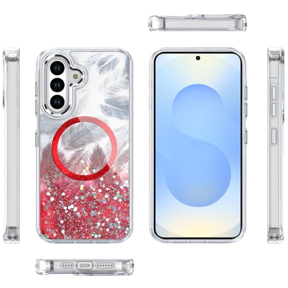 For Samsung Galaxy S25 /S25 Plus /S24 Plus Case, Epoxy Glitter Shimmer Fashion Case with Magnetic Magsafe Compatible Hybrid Sparkling Slim Protective Phone Cover (Red)