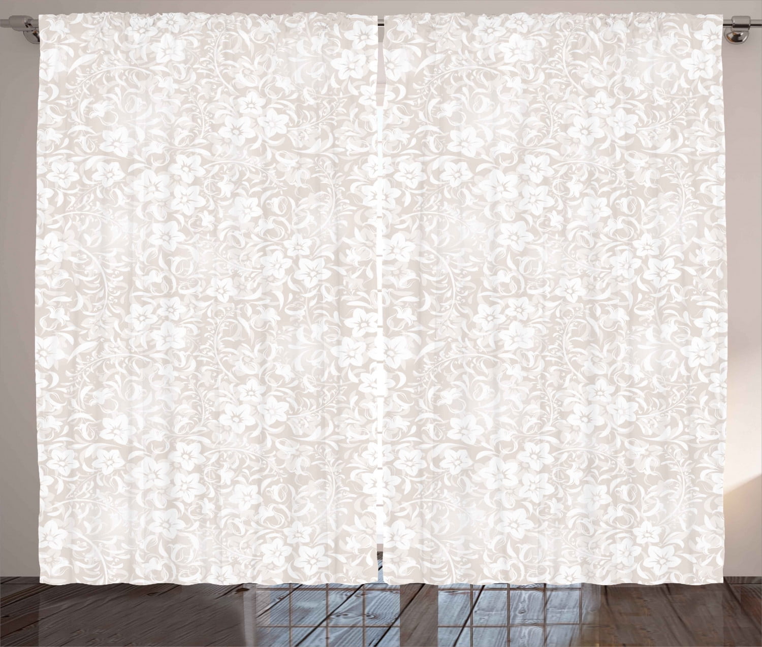 Ivory Curtains 2 Panels Set, Floral Pattern Spring Season Blossoms