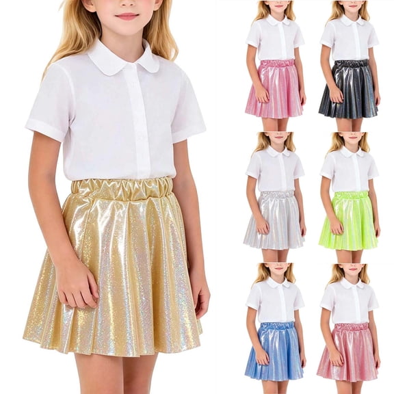 YUANxueke Girls Metallic Sequin Skater Skirts, Shiny Stage Performance Pleated Skirts, Fashion School Elastic Waist Skirts