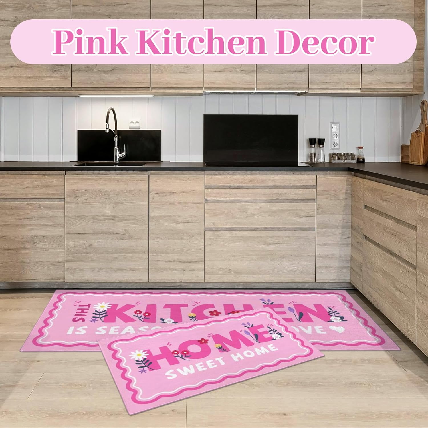 Flower Pink Kitchen Mats for Floor Set of 2, Flower Floor Mat Carpet Runner Area Rug Washable, Pink Home Kitchen Decor and Accessories Stuff, 17x30 and 17x47 Inch