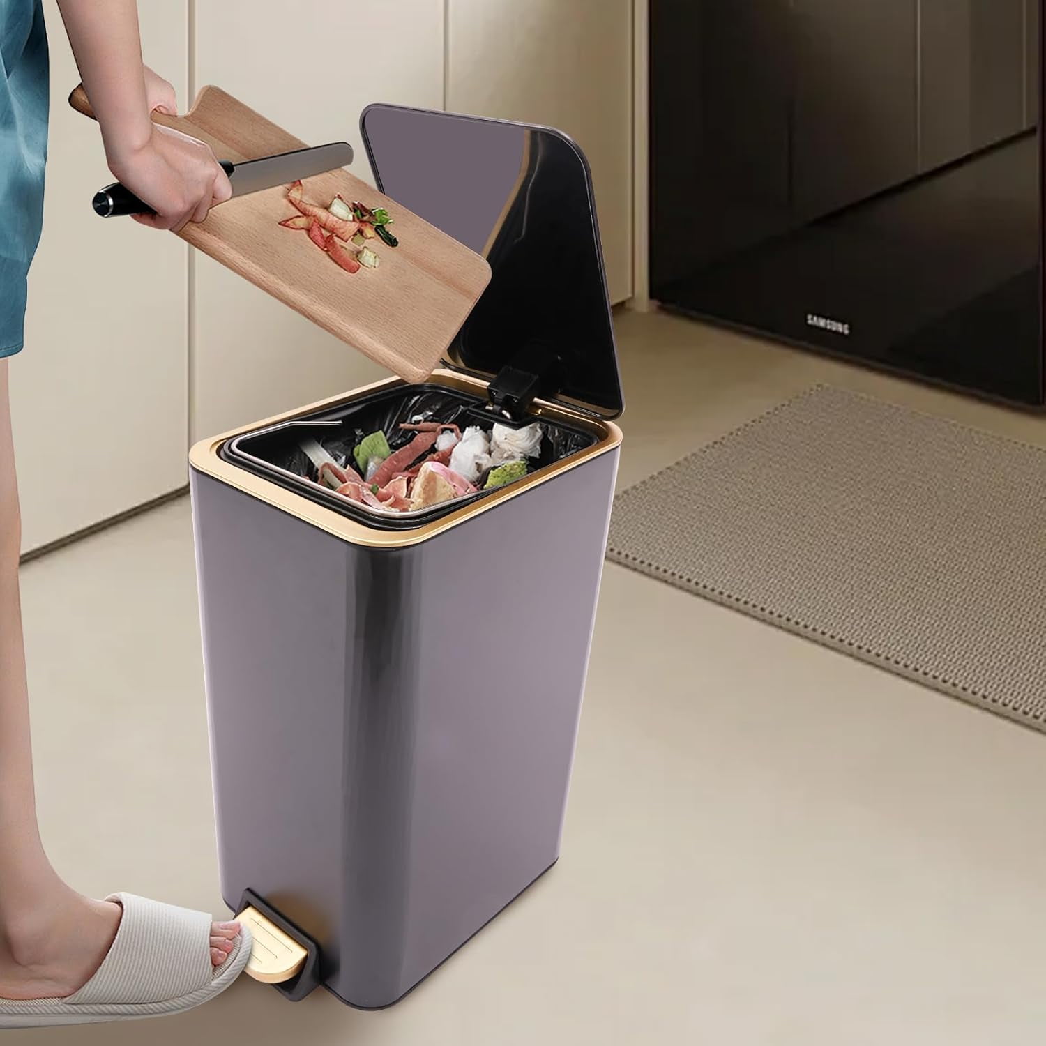 3.17 Gallon Step Trash Bin,Rectangular Garbage Can with Inner Bucket,Bathroom Trash Can with Lid Soft Close, Modern Design Trash Can for Kitchen, Bedroom, Living Room