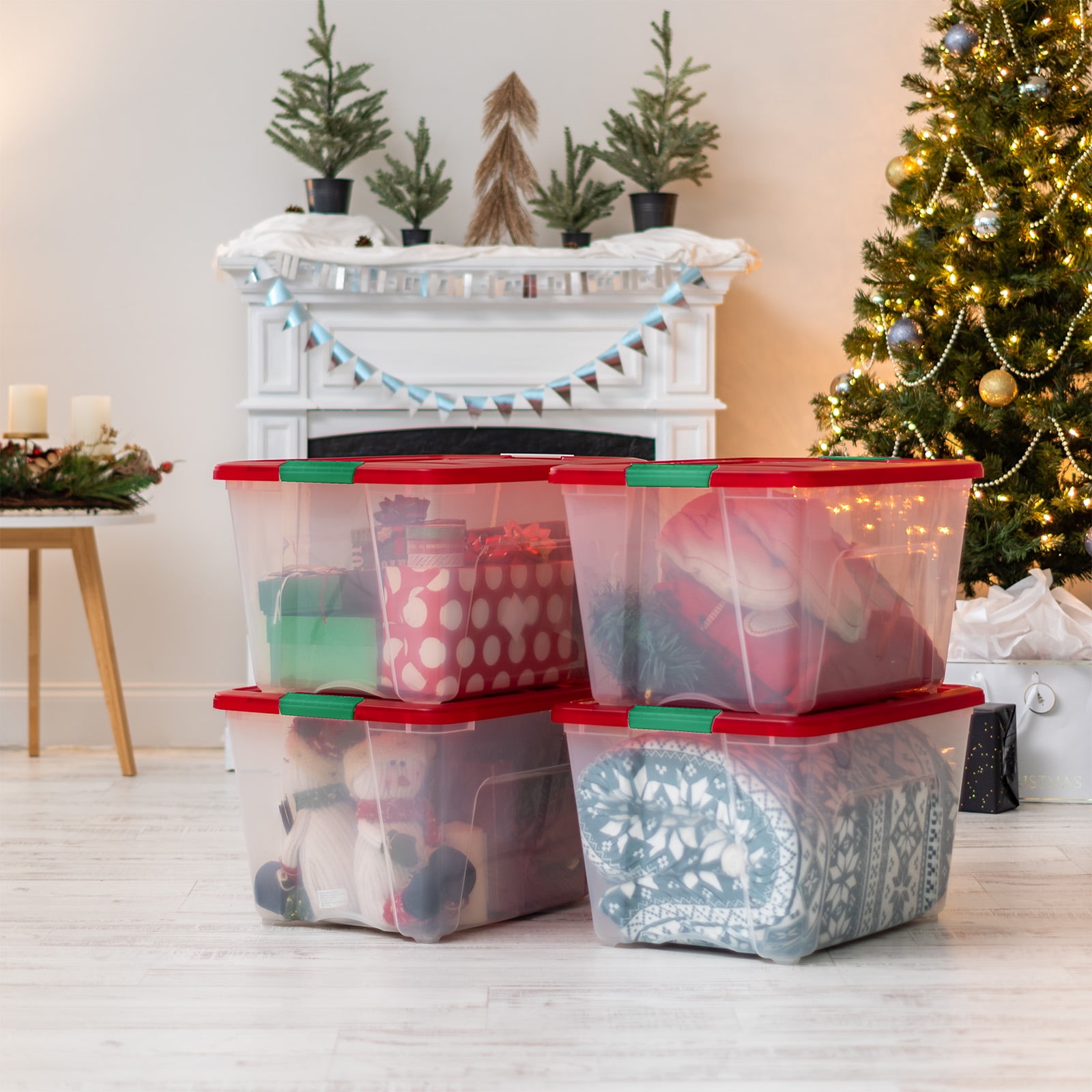 IRIS 54 Qt Stackable Holiday Plastic Storage Bins with Lids and Latching Buckles Clear Red 4 Pack