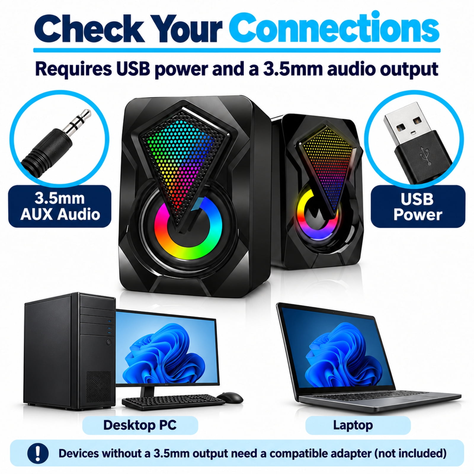 Computer Speakers for Desktop or Laptop, TSV 2.0 Stereo RGB PC Gaming Speakers with Stereo Surround Bass, 7 Colors LED Lights, USB-Powered 3.5mm Wired Speakers for PC Smartphone Tablet Projector TV