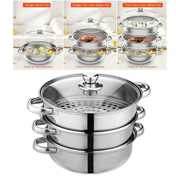 11 inch Steamer Pot for Cooking, Stainless Steel Food Steamer Basket 3 Tier Vegetable Steamer Pot, Kitchen Steamer Cooker with Lid and Handle,for Vegetable, Dumpling, Stock, Sauce, Food