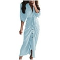 thumbnail image 2 of qolati Women 2023 Long Sleeve Dress Trendy Lapel V Neck Button Down Satin Dress Belted Elegant Ruched Spring Summer Maxi Shirt Dresses, 2 of 4