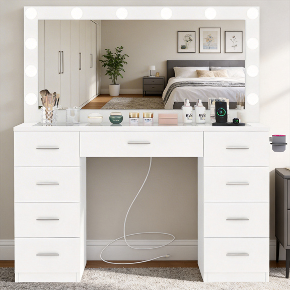 46" Large Makeup Vanity, Vanity Table with Large Lighted Mirror and Charging Station, Vanity Desk with 9 Drawers and Glass Desktop, for Bedroom, White