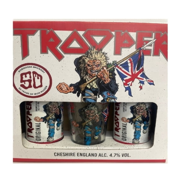 Cerveza Trooper Original Edición Especial 50 Aniversario 2 pack más vaso de regalo 500 ml c/u