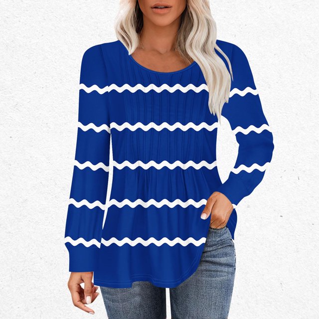 RXIRUCGD Hauts Décontractés Mode pour Femmes Col Rond Plissé Rayé Manches Longues, Bleu, Taille: 2TG