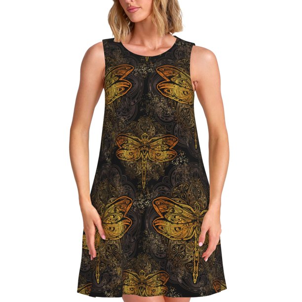 Balery Gold Dragonfly Mandala Vestidos de verano para mujer con estampado: vestido holgado sin mangas, vestido playero informal y cómodo para días calurosos.