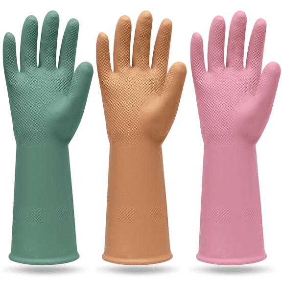 MAMISON 3 Pairs Colorful Reusable Waterproof Household Dishwashing Cleaning Rubber Gloves, Non-Slip Kitchen Glove (Large)