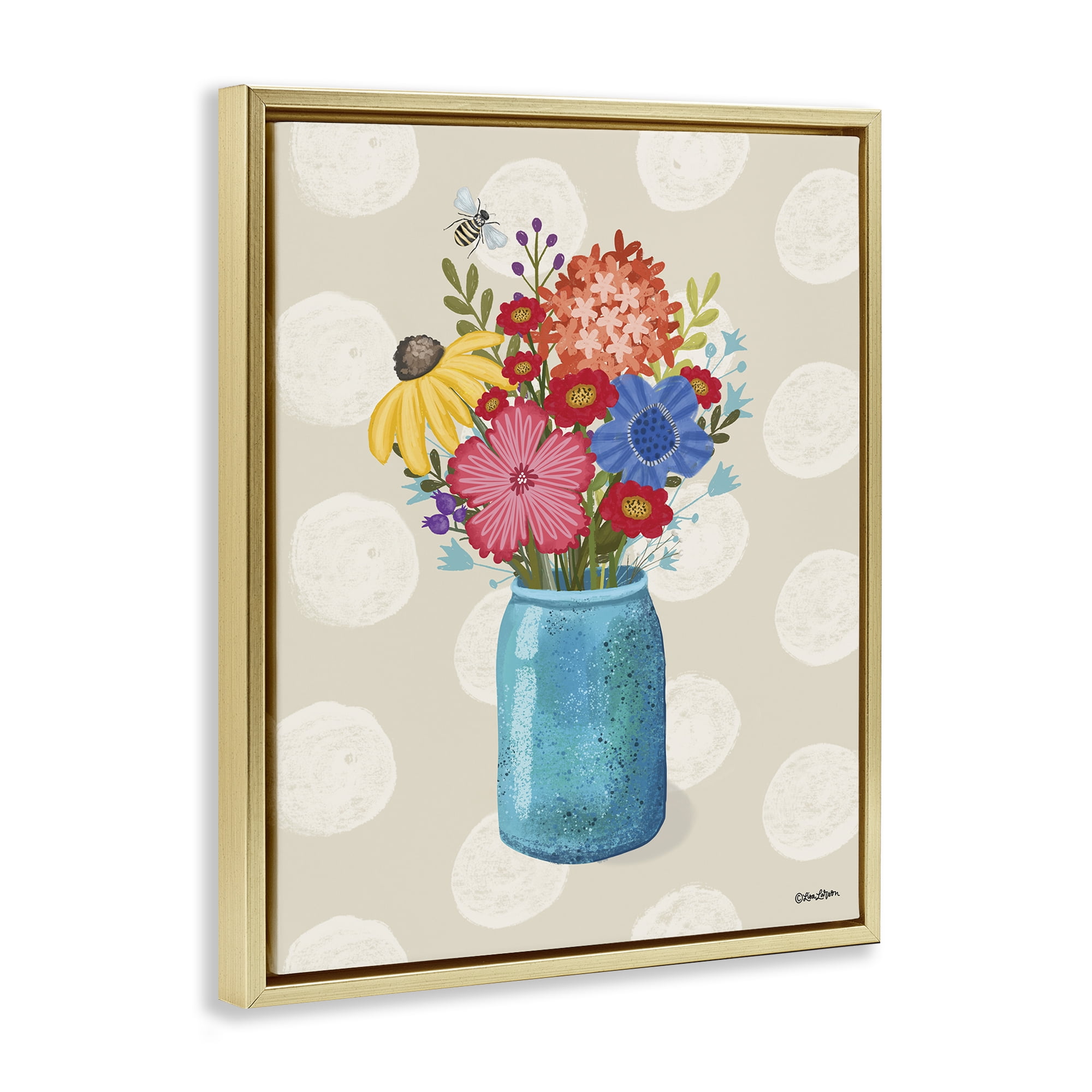 Stupell Industries Polka Dot Flower Vase Plants & Flowers Painting Gold Floater Framed Canvas Art Print Wall Art, 25 x 31