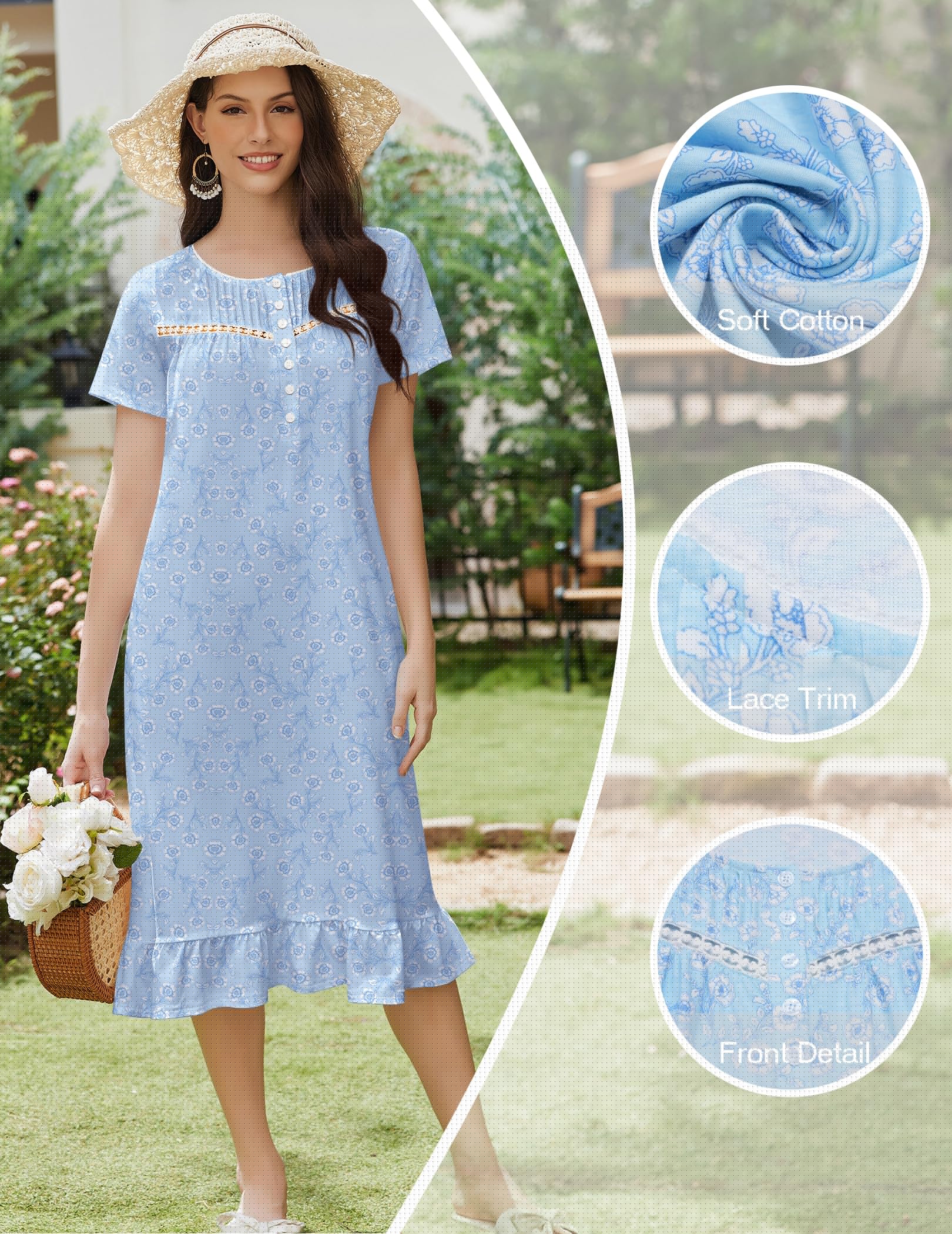 thumbnail image 2 of Ekouaer Cotton Nightgowns for Adult Women Soft Long Button Night Gowns Ladies House Dresses with Pockets Short Sleeve Night Dress, 2 of 6