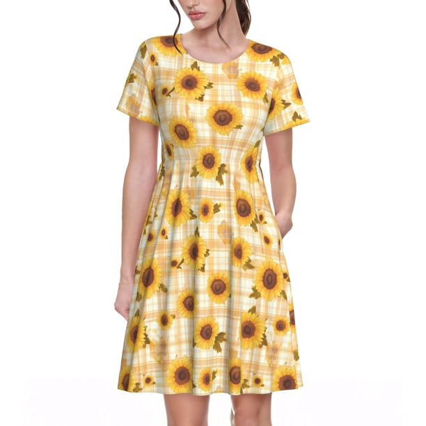 Easygdp Coffee Plaid Sunflower para Vestido Transpirable de Mujer, Vestido Suelto de Manga Corta con Pliegues y Bolsillos para el Verano
