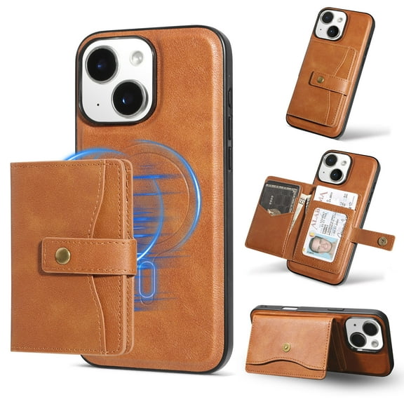 Compatible with iPhone 13 Wallet Case Compatible with MagSafe,Magnetic Detachable Premium Leather Back Cover with Card Holder Kickstand Case Shockproof Phone Case,Brown