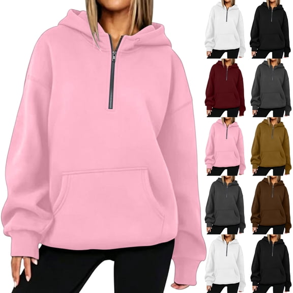 Jsaierl Womens Half Zip Hoodies Basic Solid Color Hooded Sweatshirt Lightweight Sweater Workout Long Sleeve Tops Fall Fashion S-2XL