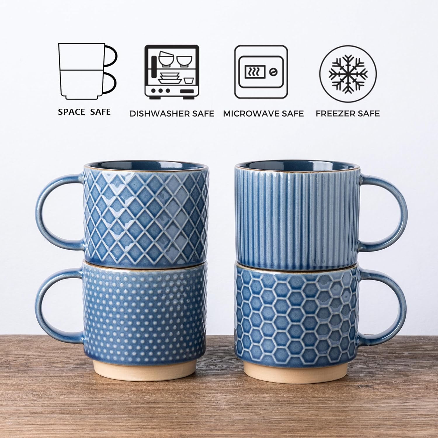 AmorArc 15OZ Stackable Coffee Mugs, Ceramic Coffee Cups with Texture Patterns for Man,Woman,Dad,Mom, Modern Coffee Mugs Set of 4 for Latte/Cappuccino/Cocoa. Dishwasher&Microwave Safe, Blue