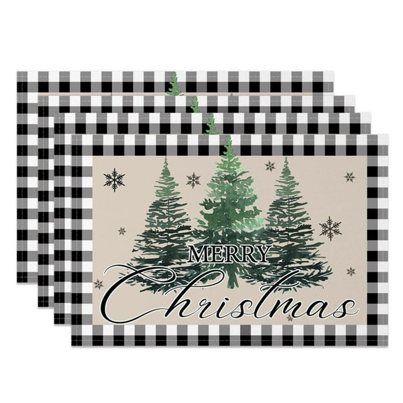 MIZHONA Merry Christmas Placemats Set of 4,Buffalo Plaid Linen Table Mats for Table Decorations 12x18 in