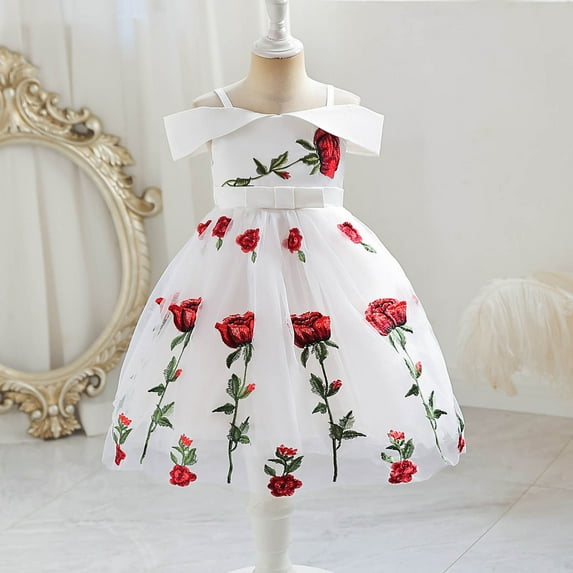Lilgiuy Girls Wedding Party Dress Charming Off Shoulder Skirt Net Yarn Flowers Mesh Print Bow Maxi Princess Dress 2-10 Years