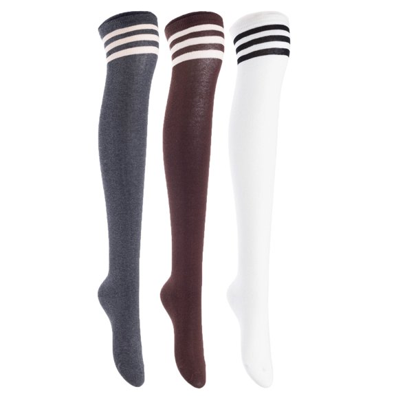 Lian LifeStyle Exquisite Big Girl's Women's 3 Pairs Thigh High Cotton Socks in Vibrant Unique Colors Size 6-9 L1022DG,Cofe,White