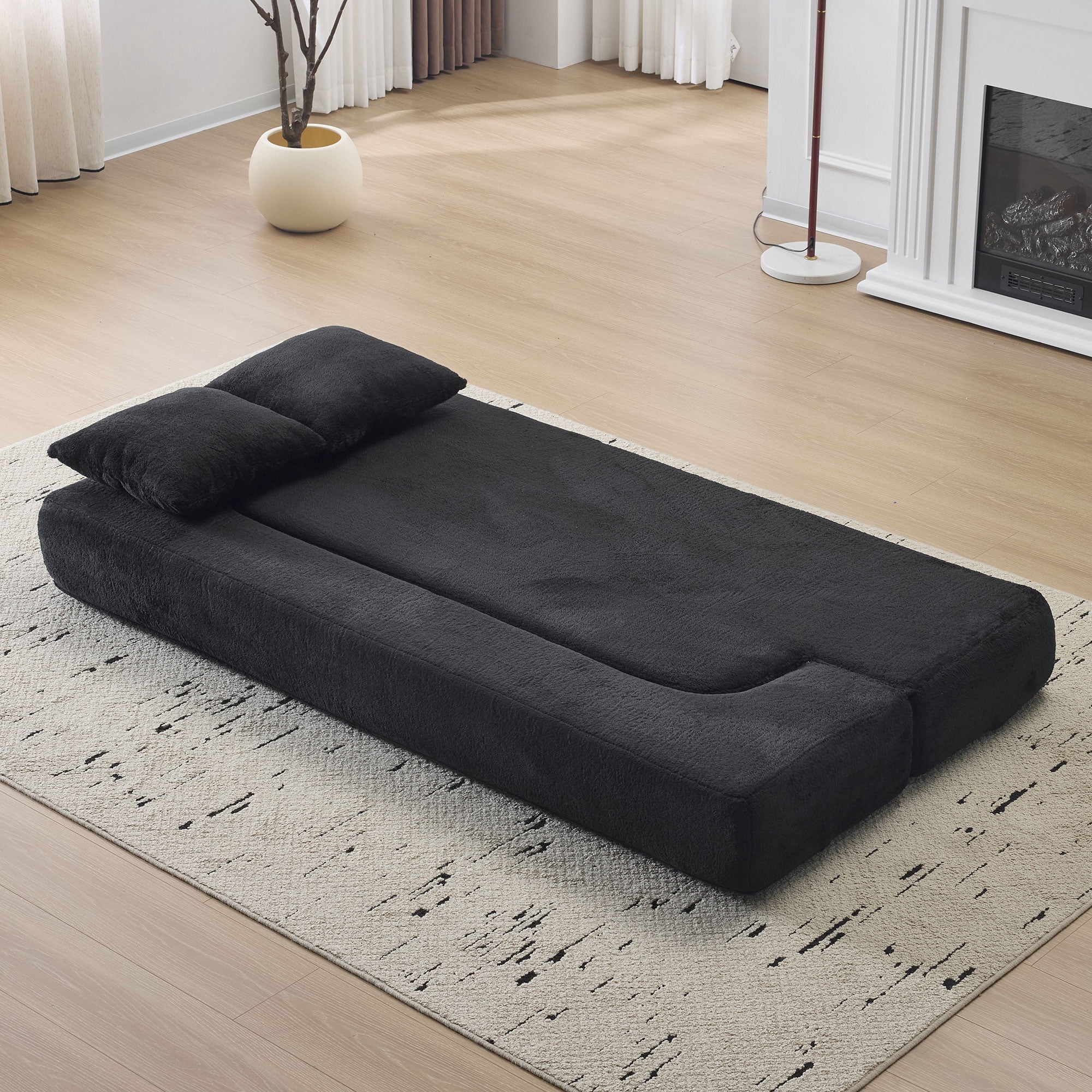 Jopath 75'' Futon Sofa Bed, Foldable Mattress Sofa Couch with Pillow Back & Armrest, Faux Fur Floor Couch Lounge Sleeper Sofa Bed for Living Room/Bedroom,No Assembly Required,Black