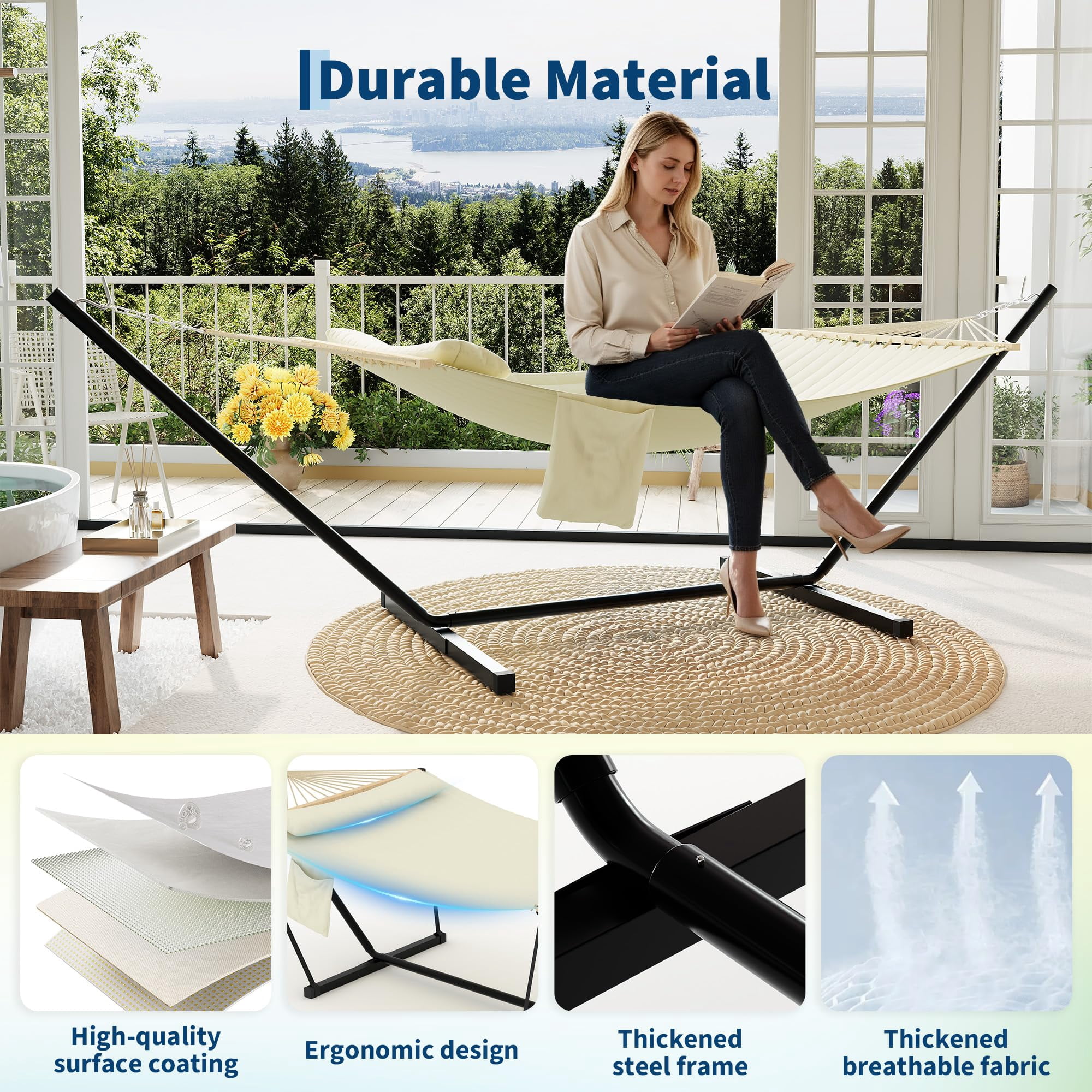 Double Hammock with Heavy Duty Adjustable Steel Stand,500lbs Portable Hammock for Patio Garden Beach Backyard，Easy Assembly