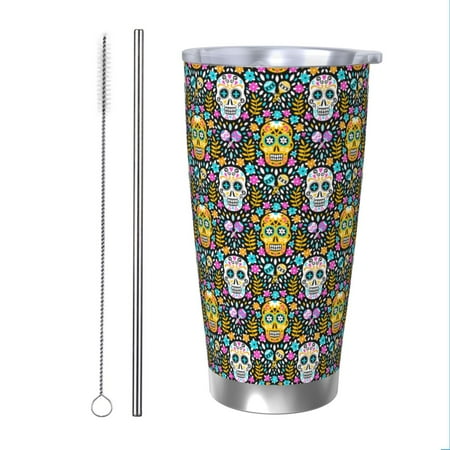 

Cauagu Sugar Skulls Pattern 20oz Tumbler Stainless Steel Vacuum Insulated Tumbler with Lid Insulated Coffee Mug Thermal Cup with Splash Proof Sliding Lid-Straw Two-piece Set