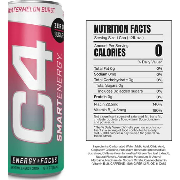 C4 Smart Energy Drink - Sugar Free Performance Fuel & Nootropic Brain  Booster, Coffee Substitute Or Alternative | Watermelon Burst 12 Oz - 12 Pack