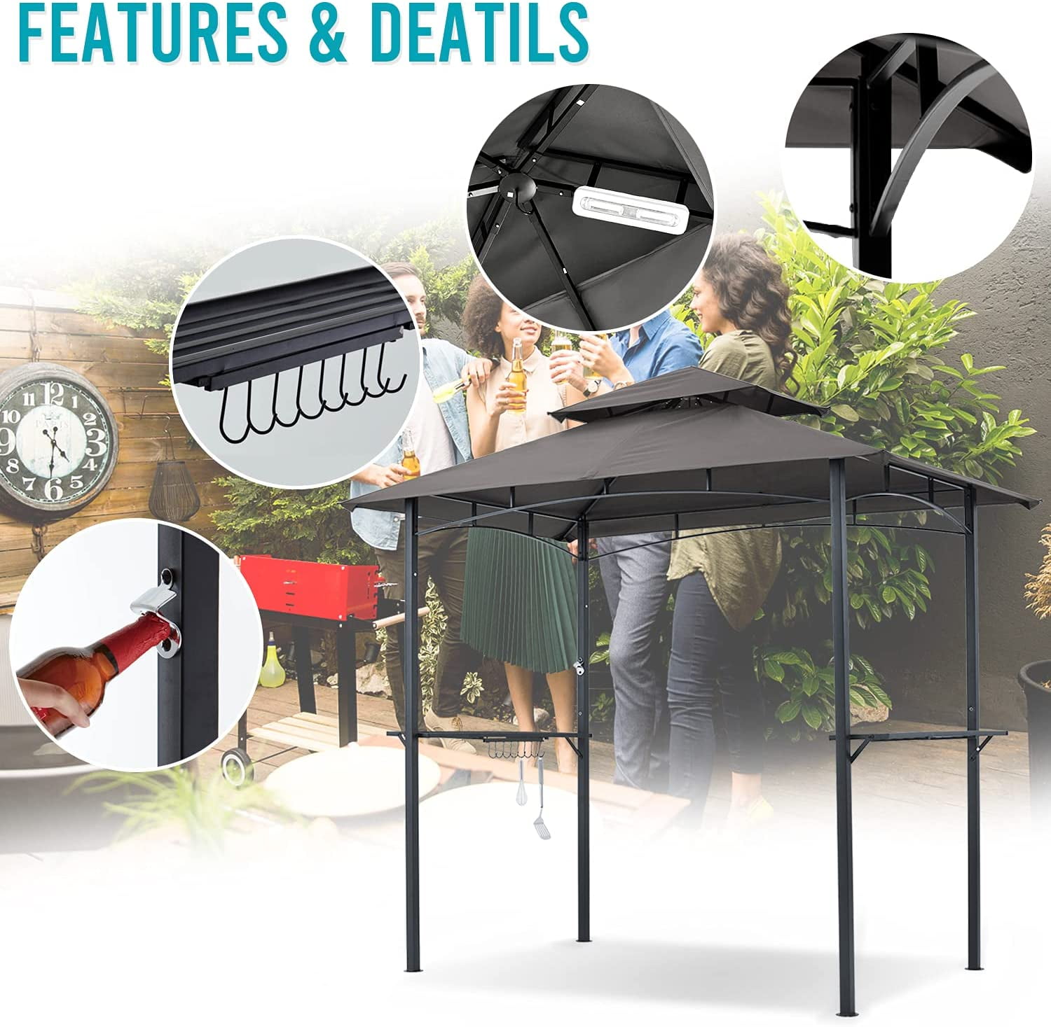 ABCCANOPY 8'x 5' Grill Gazebo Shelter, Double Tier Outdoor BBQ Gazebo Canopy with LED Light(Gray)
