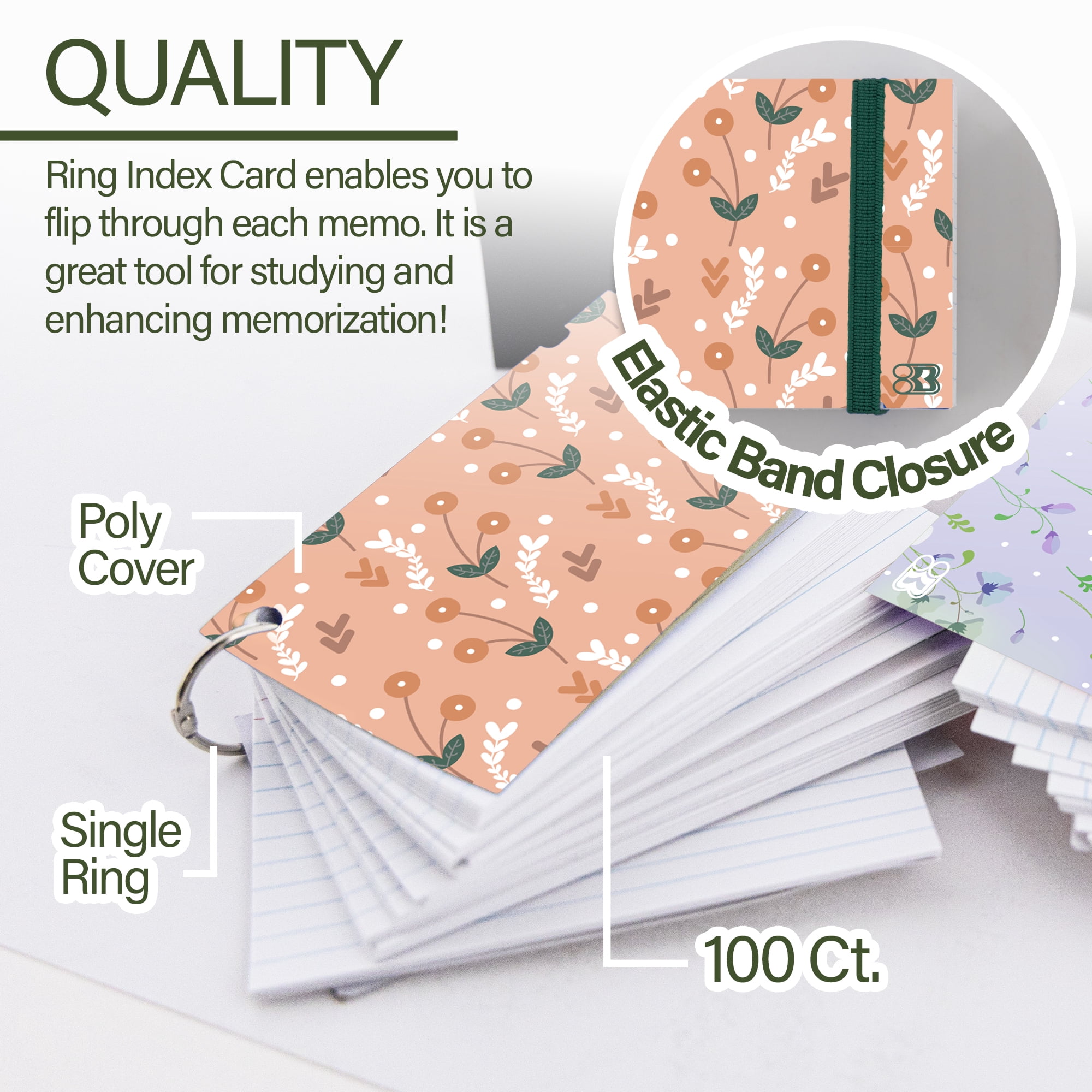 BAZIC Ruled White Index Cards Fashion Poly Cover w/ Ring 3" X 5", 100 Count, Cute Floral Cover, 6-Pack