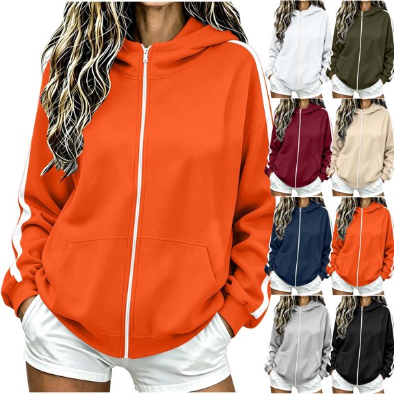 Womens Zip Up Hoodie Sweatshirt Side Stripe Long Sleeve Drawstring Athletic Oversized Pullover with Kangaroo Pocket Casual Sportswear