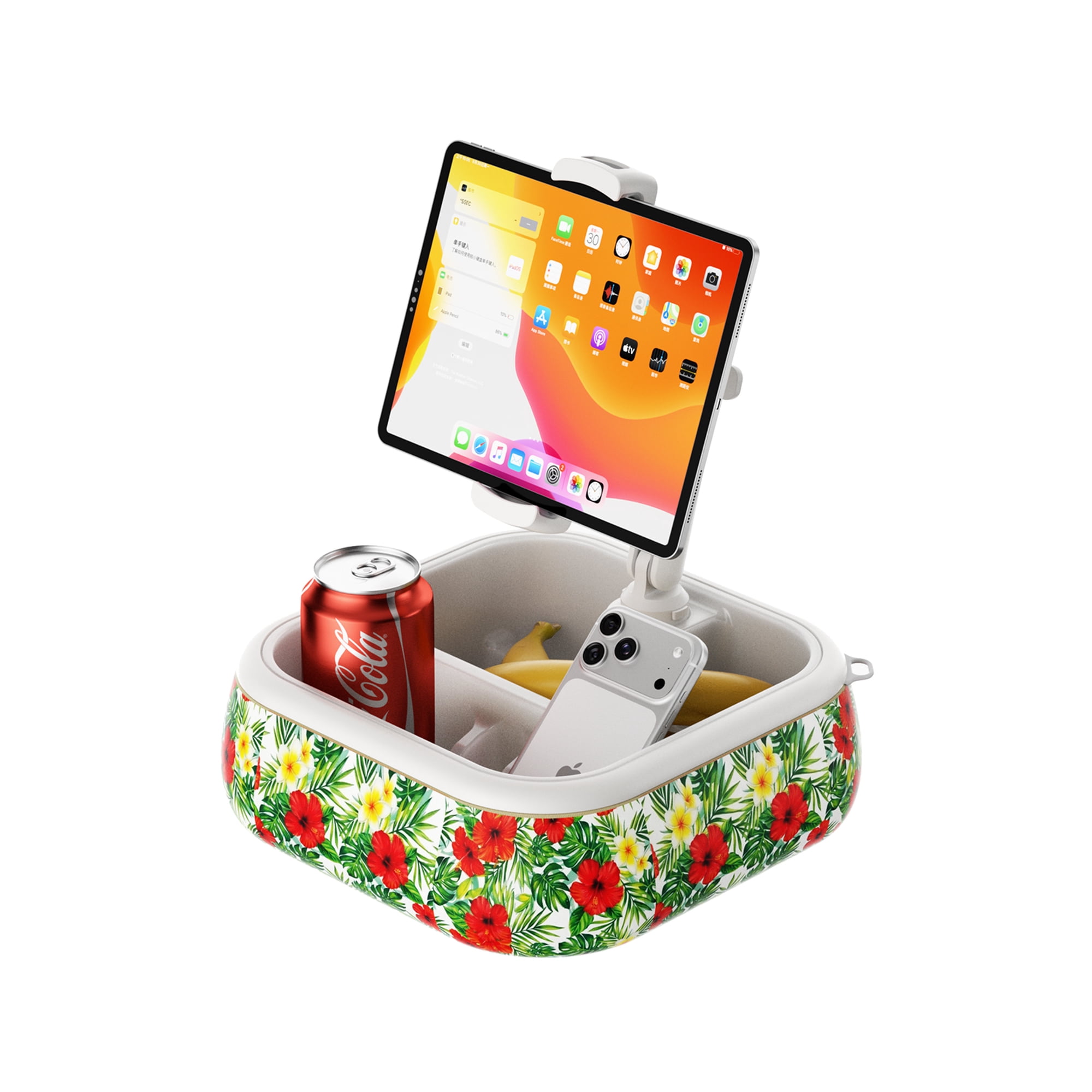 SnackN'Stream iPad Pillow Stand, Tablet Phone Holder, Bathtub Caddy with Detachable Snack Bowl and 2 Fabric Covers, 360° Mount, Compatible with iPad iPhone eReader 4.7-13" Devices (White)